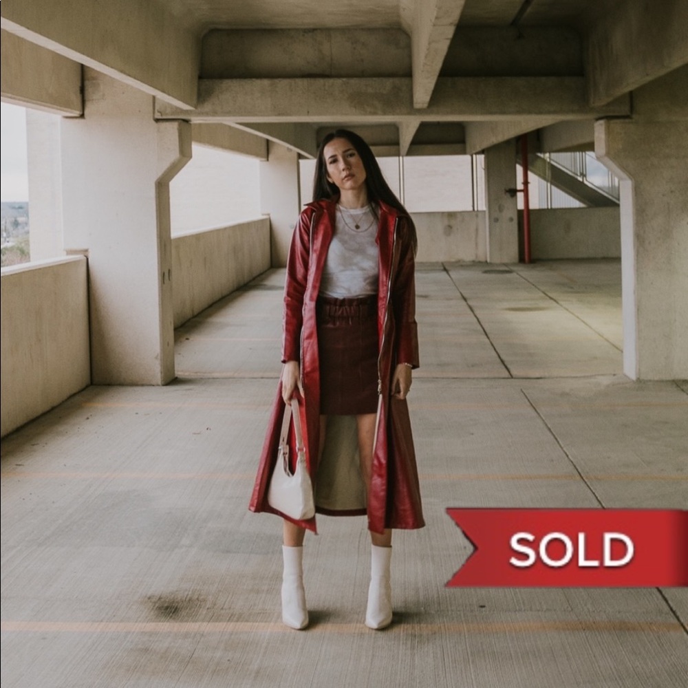 Long Red/Burgundy Faux Leather Trench Coat